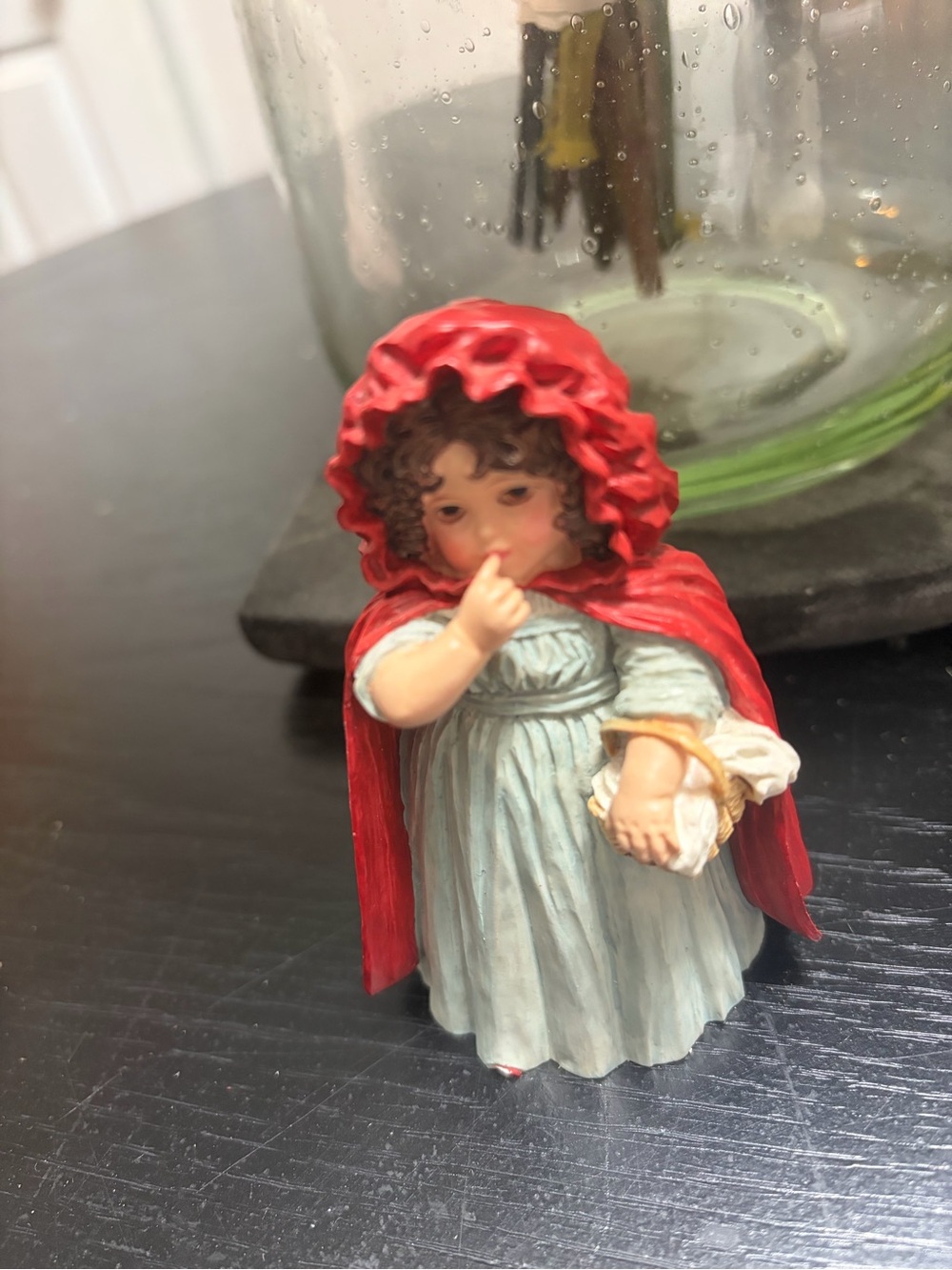 Hand-Painted Red Cape Ceramic Figurine - Little Girl in Blue Dress 1990